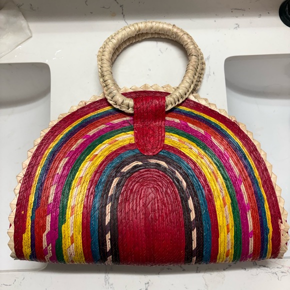 Free People Handbags - Free People Multicolor Straw Half-Moon Clutch with Natural Handles